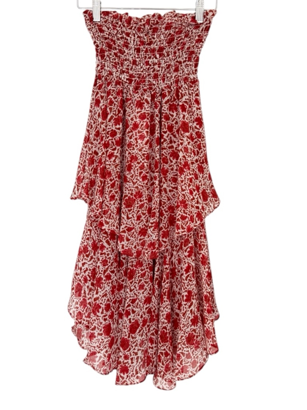 MISA Los Angeles Smocked Waist Red Floral Print Tiered Midi Skirt XS Boho Chic